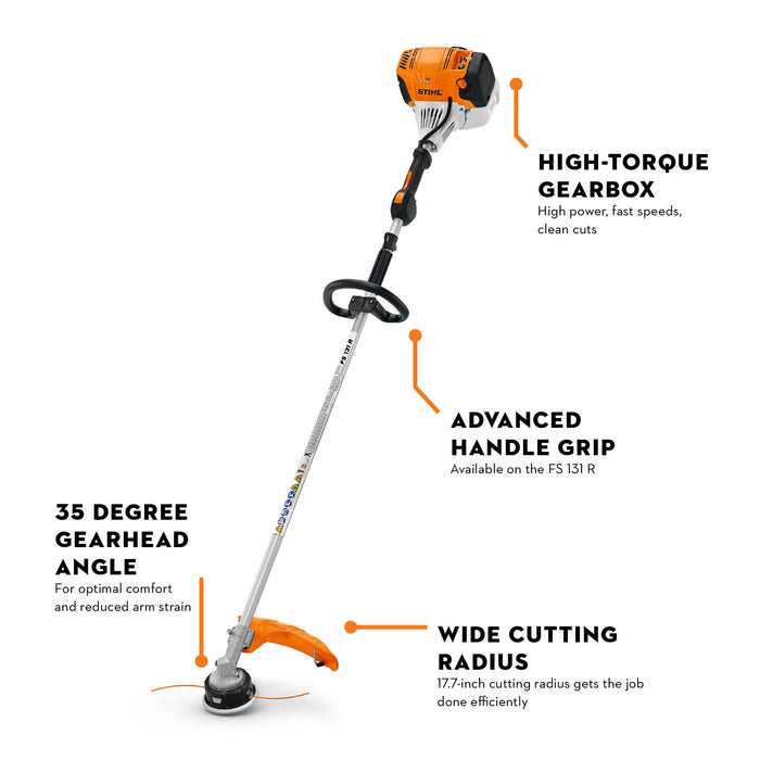 Stihl FS 131 R trimmer showing high-torque gearbox, 35 degree gearhead and handle grip