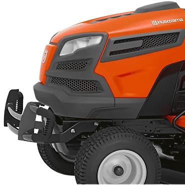 Close-up of a Husqvarna lawn mower on a white background