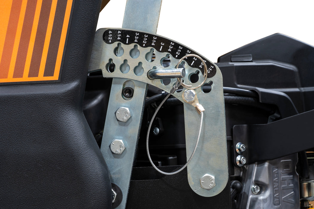 Scag V-Ride LS 48in Hero stand-on mower, deck height adjustment