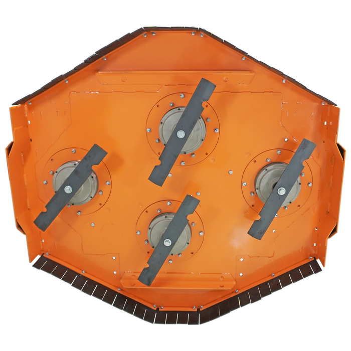 Orange industrial component with black blades on a white background
