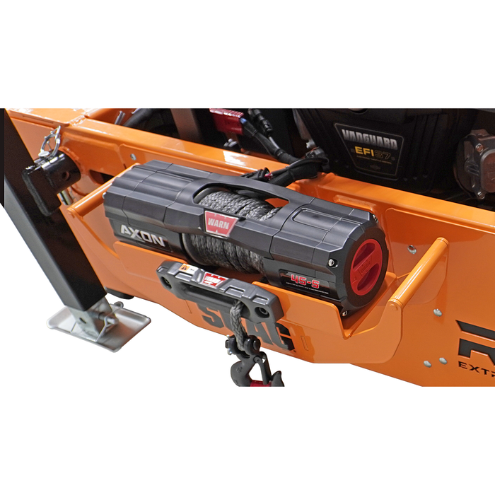 AXON winch attached to an orange vehicle with a white background