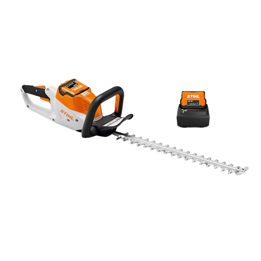 Stihl hedge trimmer with battery on a white background