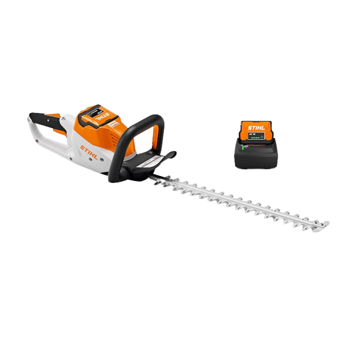 Stihl hedge trimmer with battery on a white background