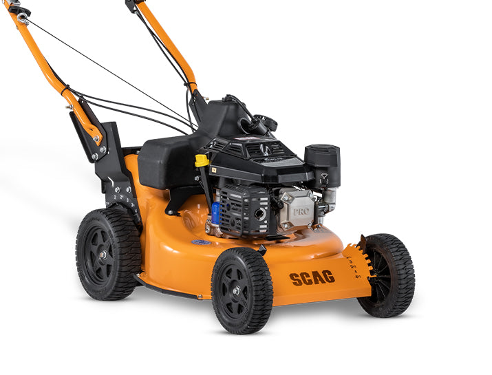 Scag SFC-21 21in commercial walk-behind mower, side view of steel deck