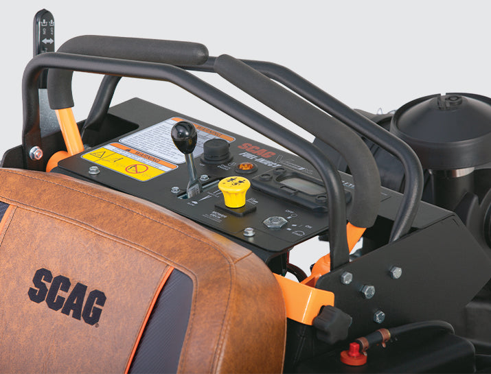 Scag V-Ride XL 61in Velocity Plus stand-on mower, controls and armrest pad