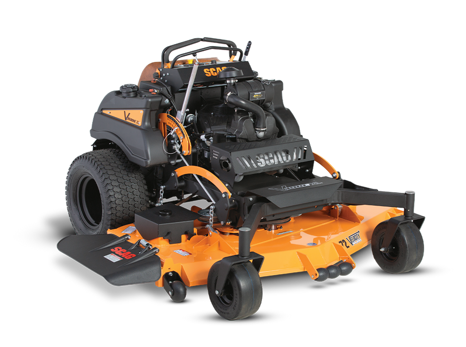 Scag V-Ride XL 72in Velocity Plus stand-on mower, 3/4 front view