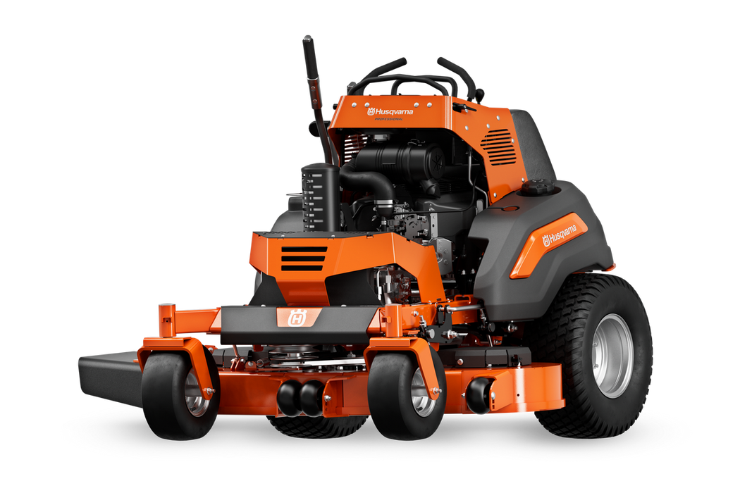 Husqvarna V554X stand-on mower, front three-quarter view