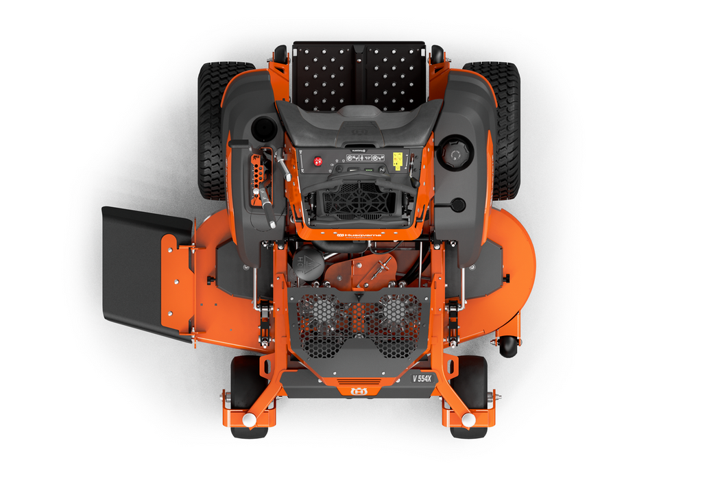 Husqvarna V554X stand-on mower, top view of deck and controls