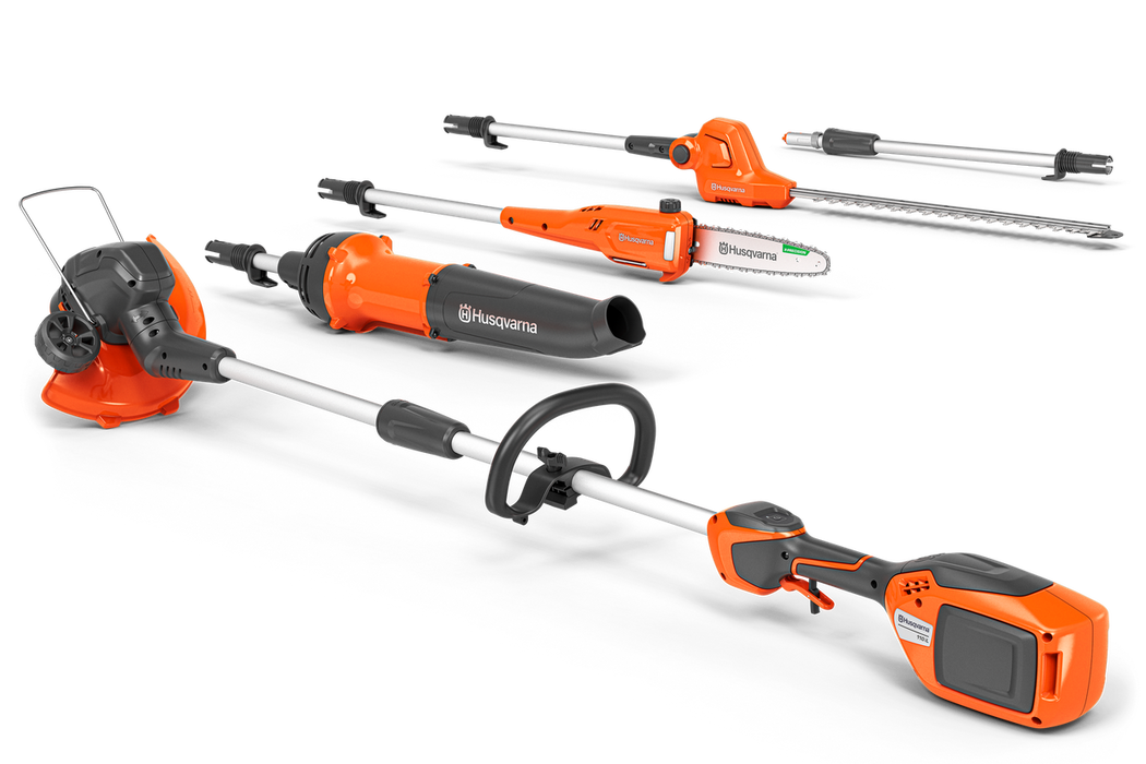 Husqvarna FLXi system: 110iL trimmer with DH110 hedge trimmer and other FLXi attachments