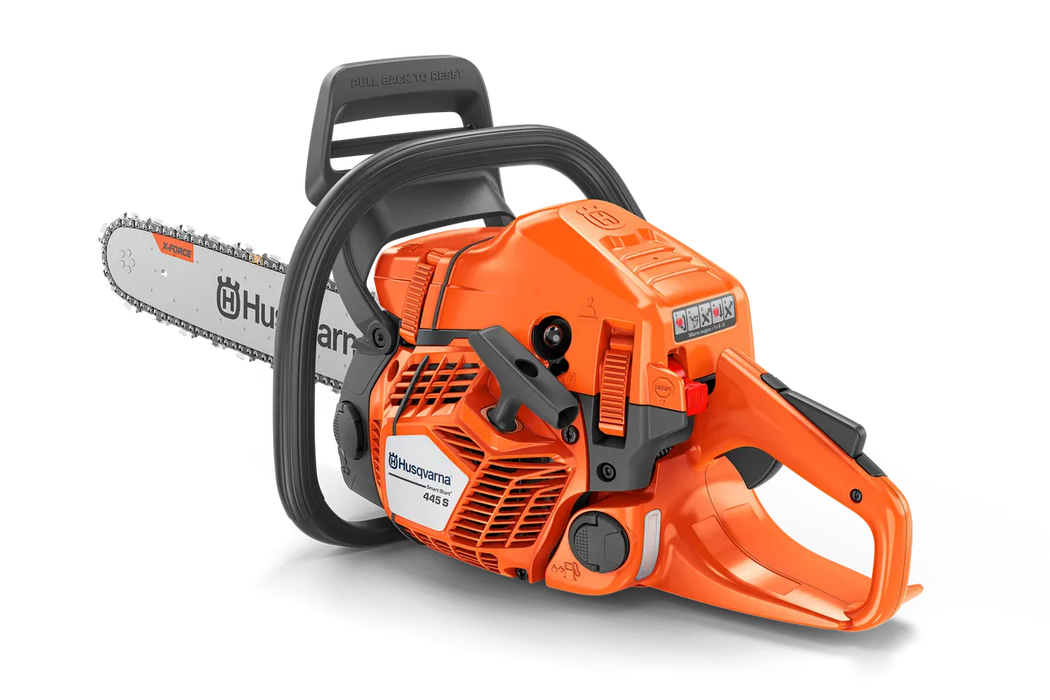Husqvarna 445s gas chainsaw, three-quarter view