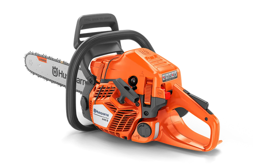Husqvarna 445s gas chainsaw, three-quarter view