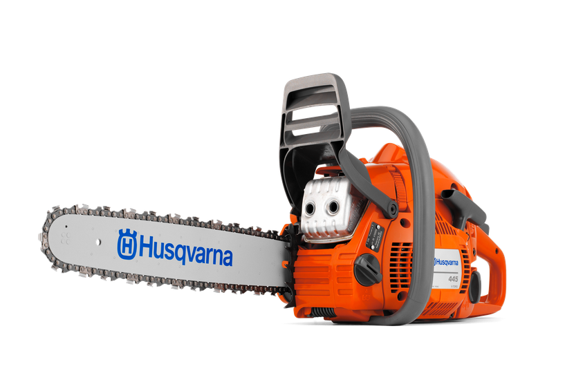 Husqvarna 445 gas chainsaw, side view with guide bar (article 970709018)