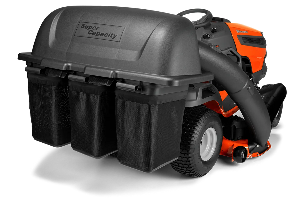 Husqvarna 54in ClearCut Tractor Triple Bagger, mounted on tractor