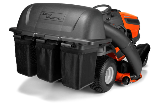 Husqvarna 54in ClearCut Tractor Triple Bagger, mounted on tractor
