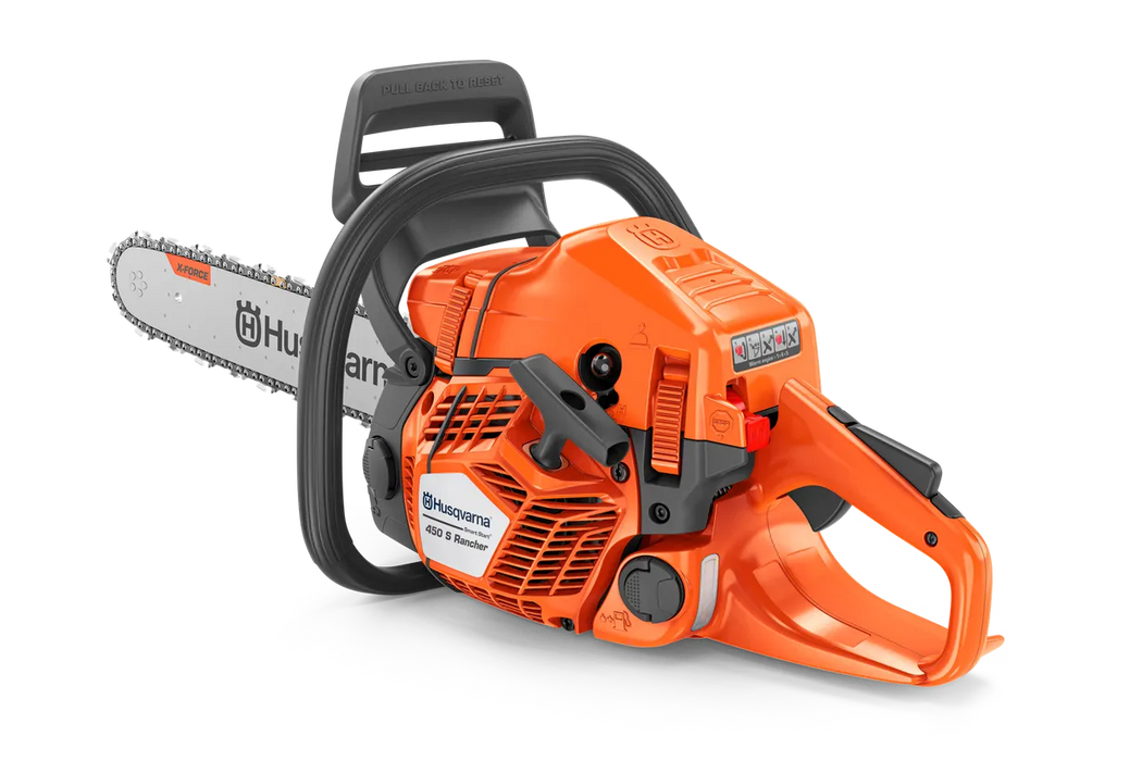 Husqvarna 450s Rancher gas chainsaw, three-quarter view