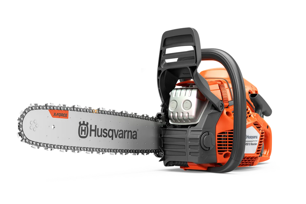 Husqvarna 450s Rancher gas chainsaw, right side view