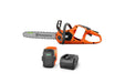 Husqvarna 435i battery chainsaw shown with battery and charger