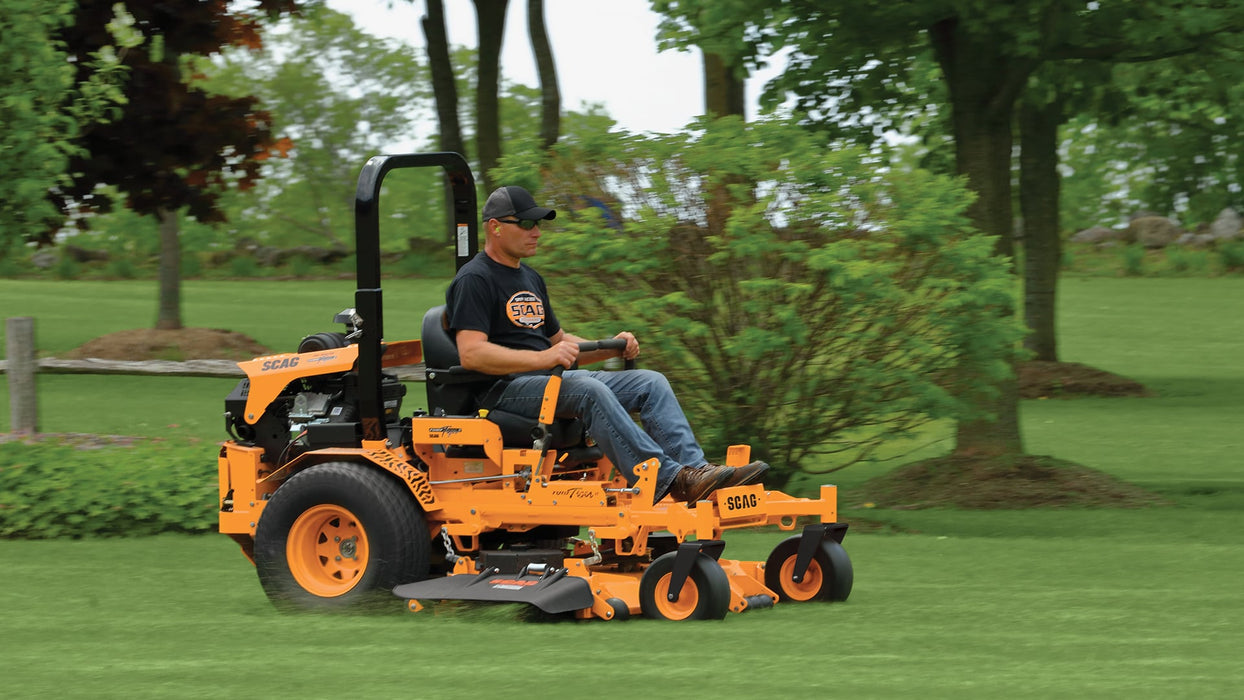 Scag Turf Tiger II 72in Velocity Plus zero turn mower, mowing in use