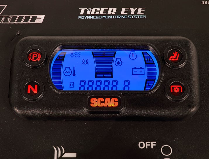 Scag V-Ride II 52in Velocity Plus stand-on mower, Tiger Eye monitoring display